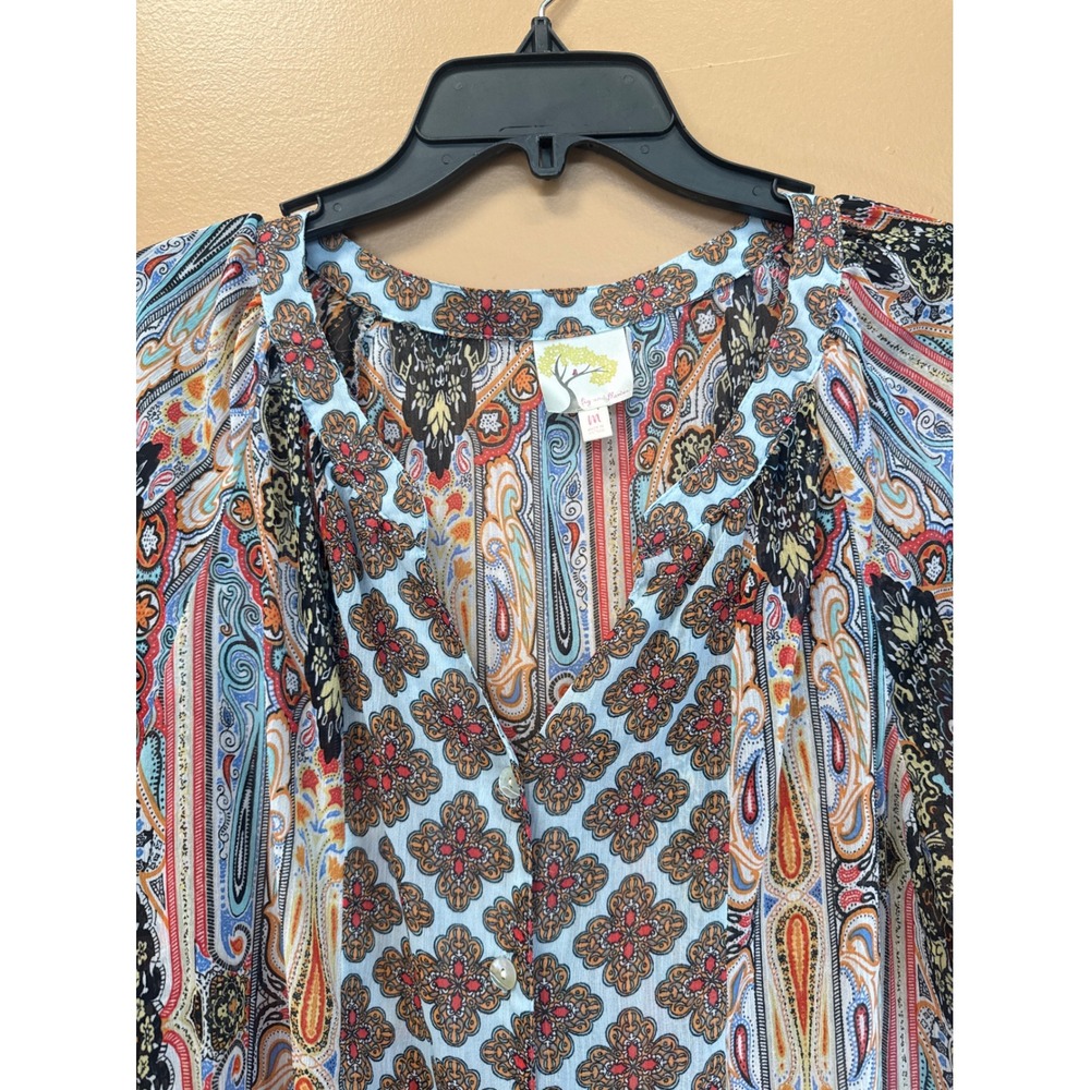 Fig and Flower Womens M Paisley Medallion Button Front Blouse Blue Orange Boho - Picture 2 of 4